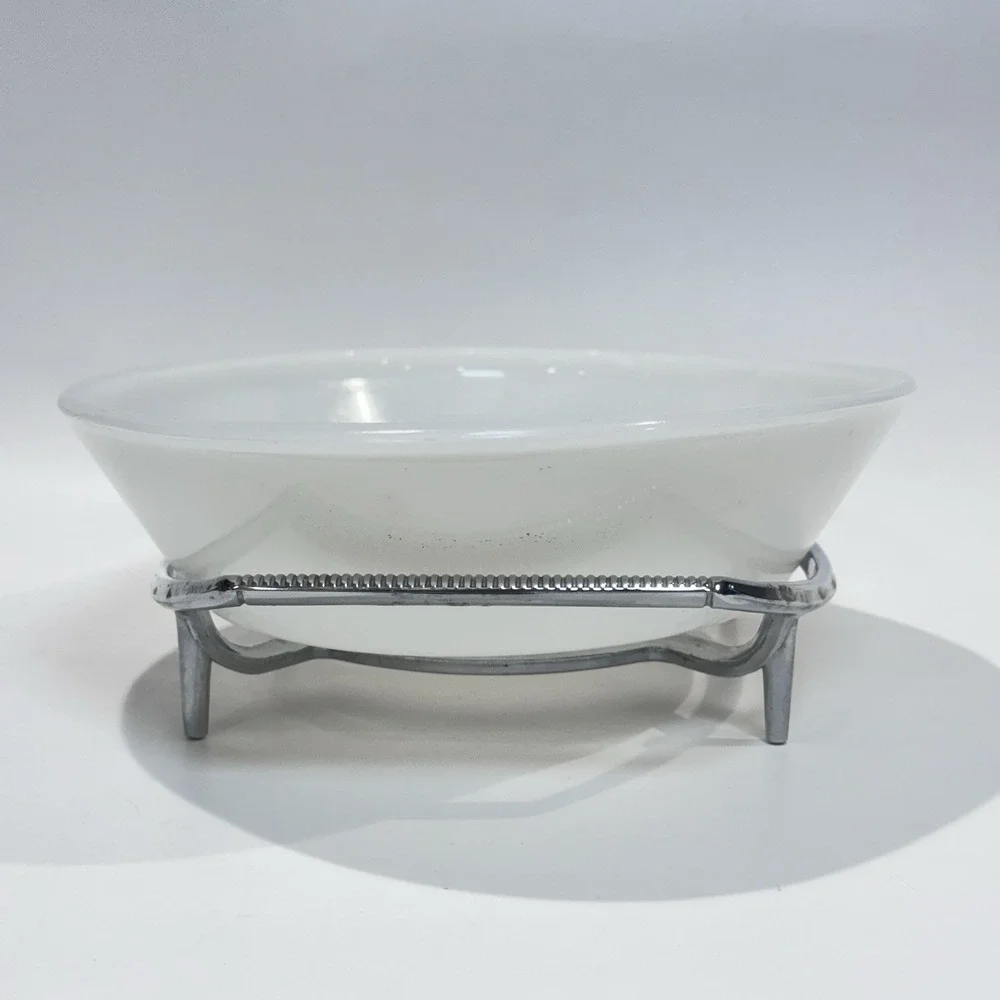 Vintage Glasbake Milk Glass Dish‎ w Blue Flower & Corning Ware Silver Stand
